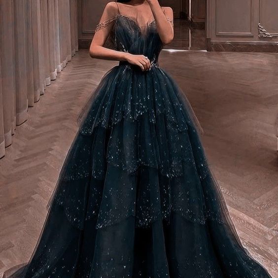 Elegant Ball Gown Straps Long Tulle Blue Prom Dress - View 6 | FashionDia