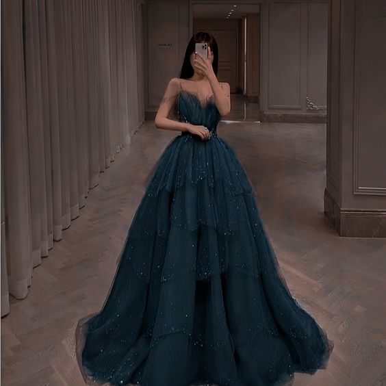 Elegant Ball Gown Straps Long Tulle Blue Prom Dress - View 5 | FashionDia