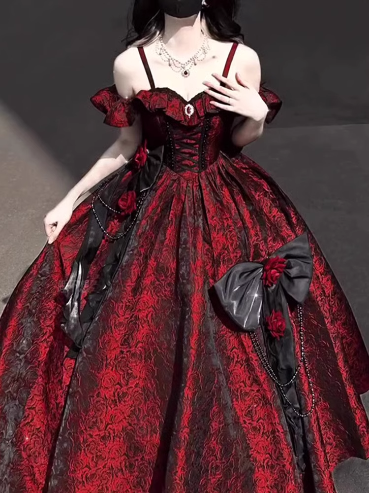 Vintage Ball Gown Straps Long Burgundy Ruffles Lace Prom Dresses Birthday Outfits - View 5 | FashionDia