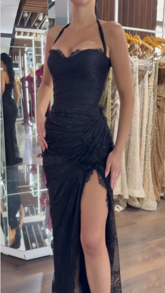 Sexy Black Halter Lace Mermaid Slit Long Evening Dress Party Gown - View 5 | FashionDia