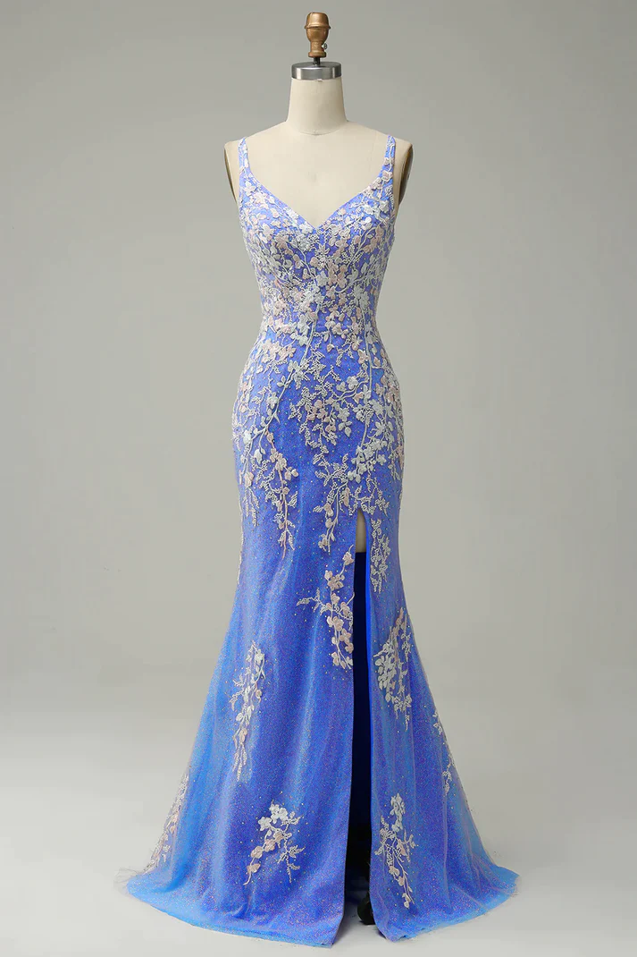 Charming Mermaid Straps Tulle Blue Lace Slit Long Prom Dress - FashionDia