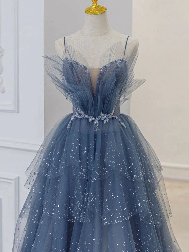 Vintage A-Line Straps Tulle Dusty Blue Long Prom Dress - View 2 | FashionDia