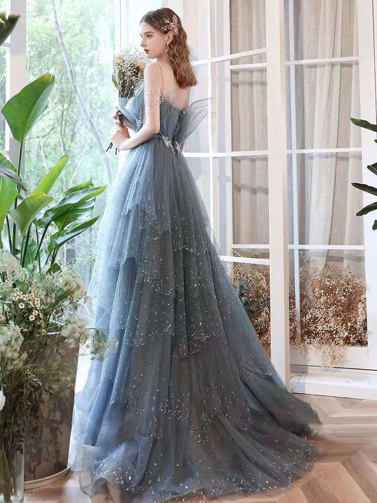 Vintage A-Line Straps Tulle Dusty Blue Long Prom Dress - View 4 | FashionDia