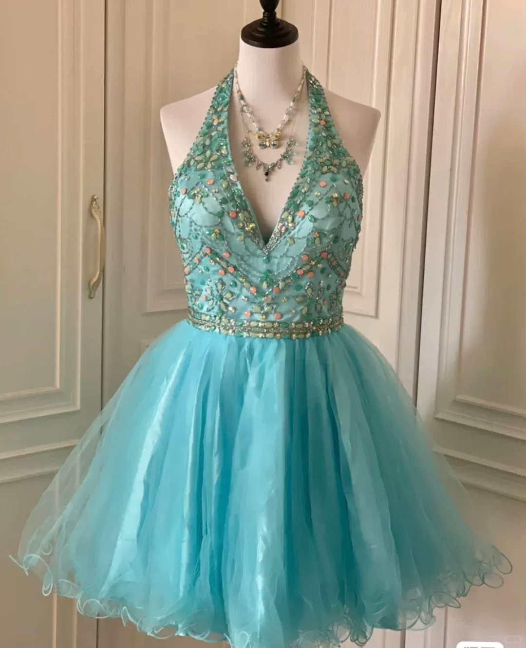 Vintage Blue Halter Tulle Beaded A Line Short Party Dress Formal Homecoming Dress