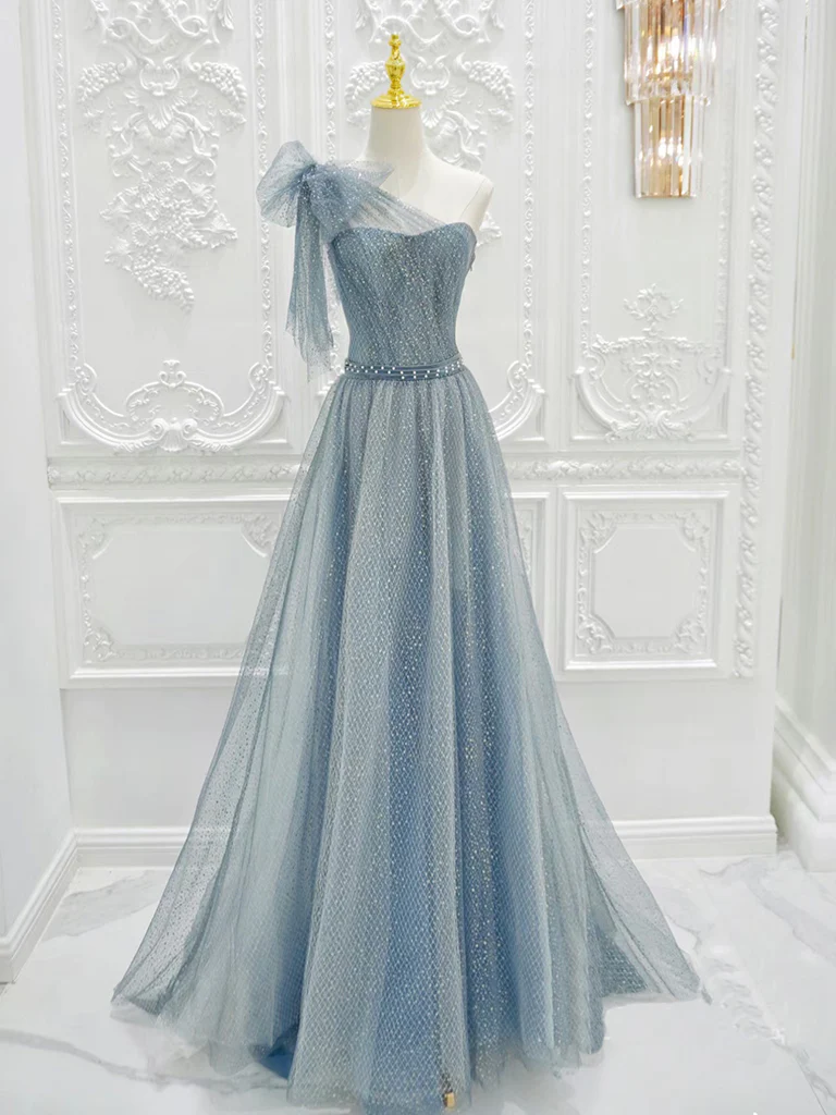 A-Line One-Shoulder Tulle Sequin Gray Blue Long Prom Dress - FashionDia