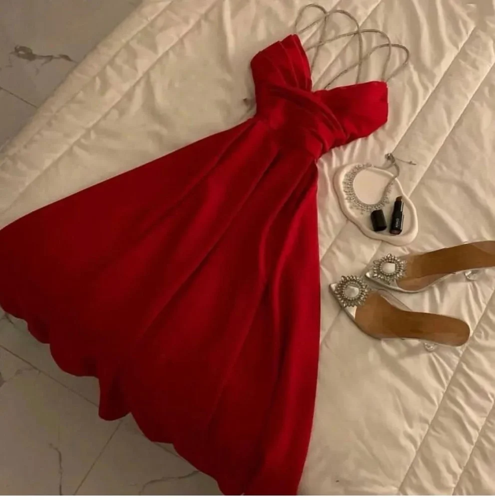 Gorgeous Red Satin Beaded V Neck Evening Dress A Line Party Evening Dress