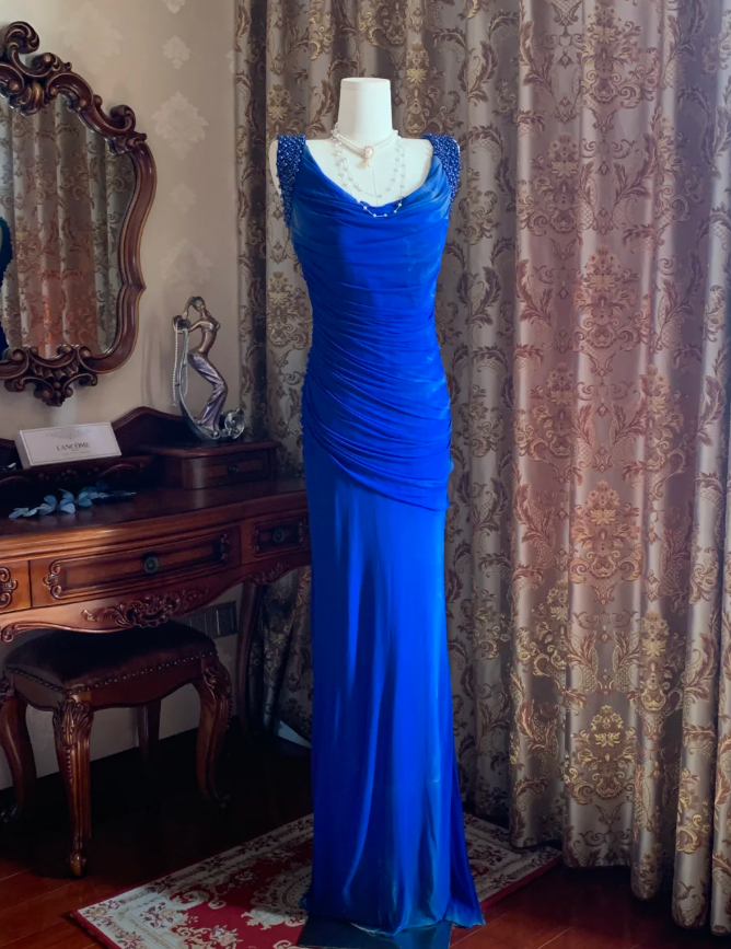 Sexy Royal Blue Tulle Pleated Beaded Mermaid Long Wedding Guest Dress Evening Dress - FashionDia