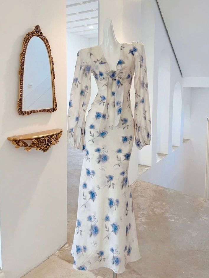 Classy Ice Blue Chiffon Rose Print Floral Prom Party Dress,Long Mermaid Evening Dress - View 4 | FashionDia