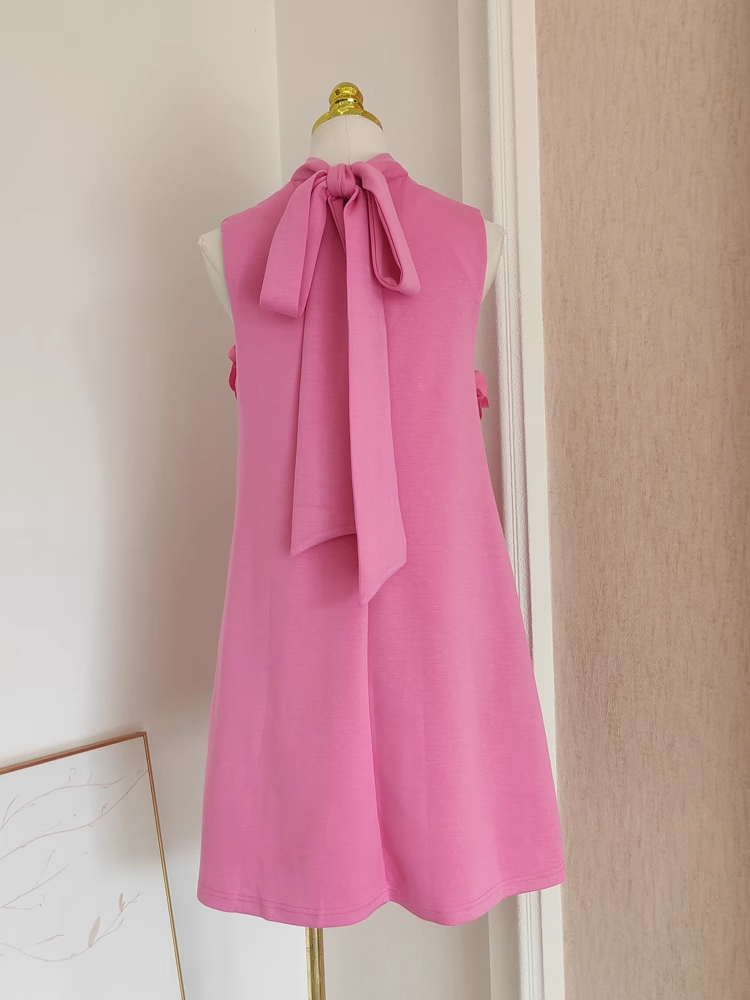 Cute A-Line High Neckline Pink Satin Short Homecoming Dresses Birthday Outfits - View 2 | FashionDia