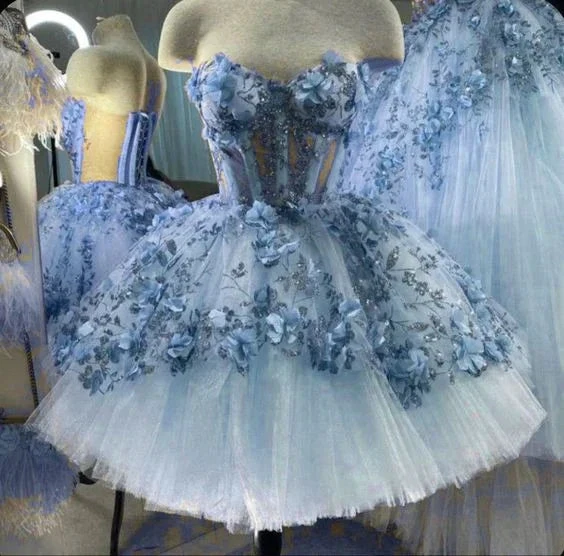 Blue Tulle Short Homecoming Dress With 3D Flowers Y38 by simplepromdress