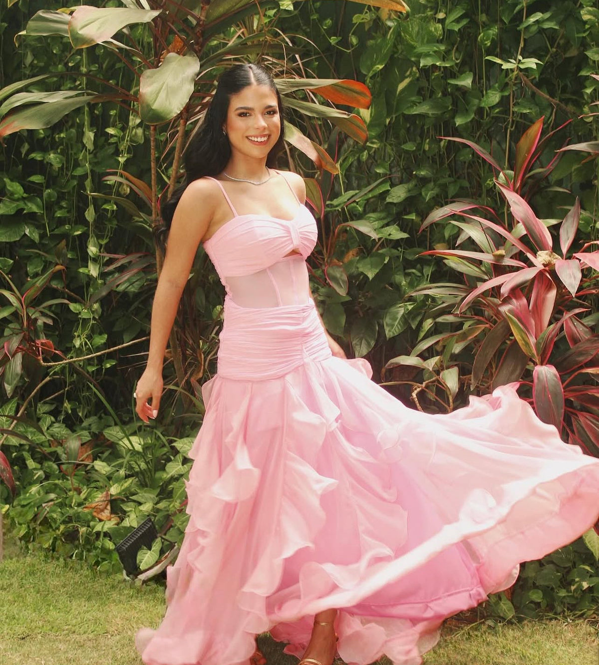 Spaghetti Straps Pink Ruffle Prom Dress Wedding Guest Dress J7773