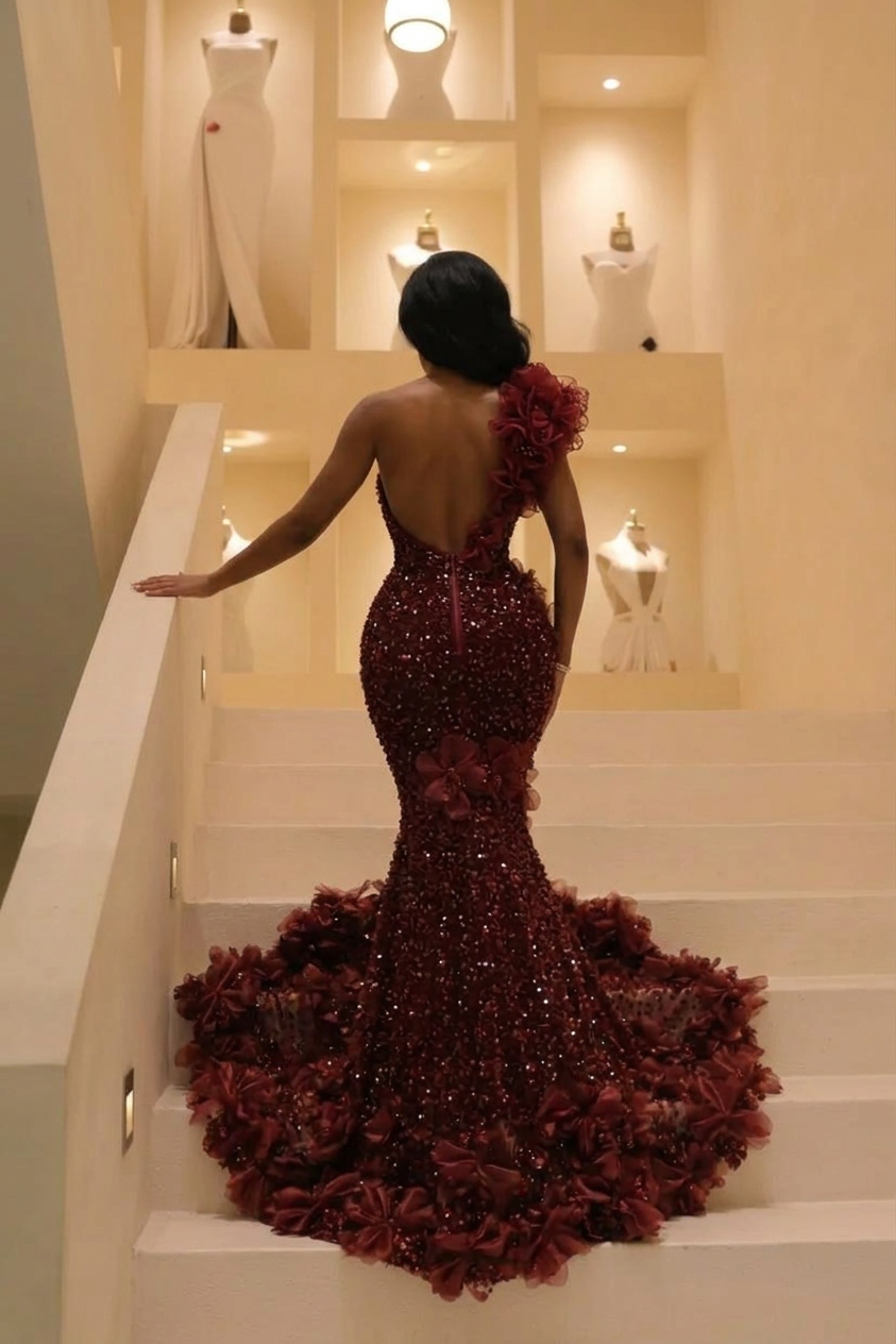 The Bordeaux Bloom - 2026 One-Shoulder Sequin Mermaid Gown: 3D Floral Appliqu�s & Crushed Garnet Beadwork (ZD17395) - View 2 | VelvetHem