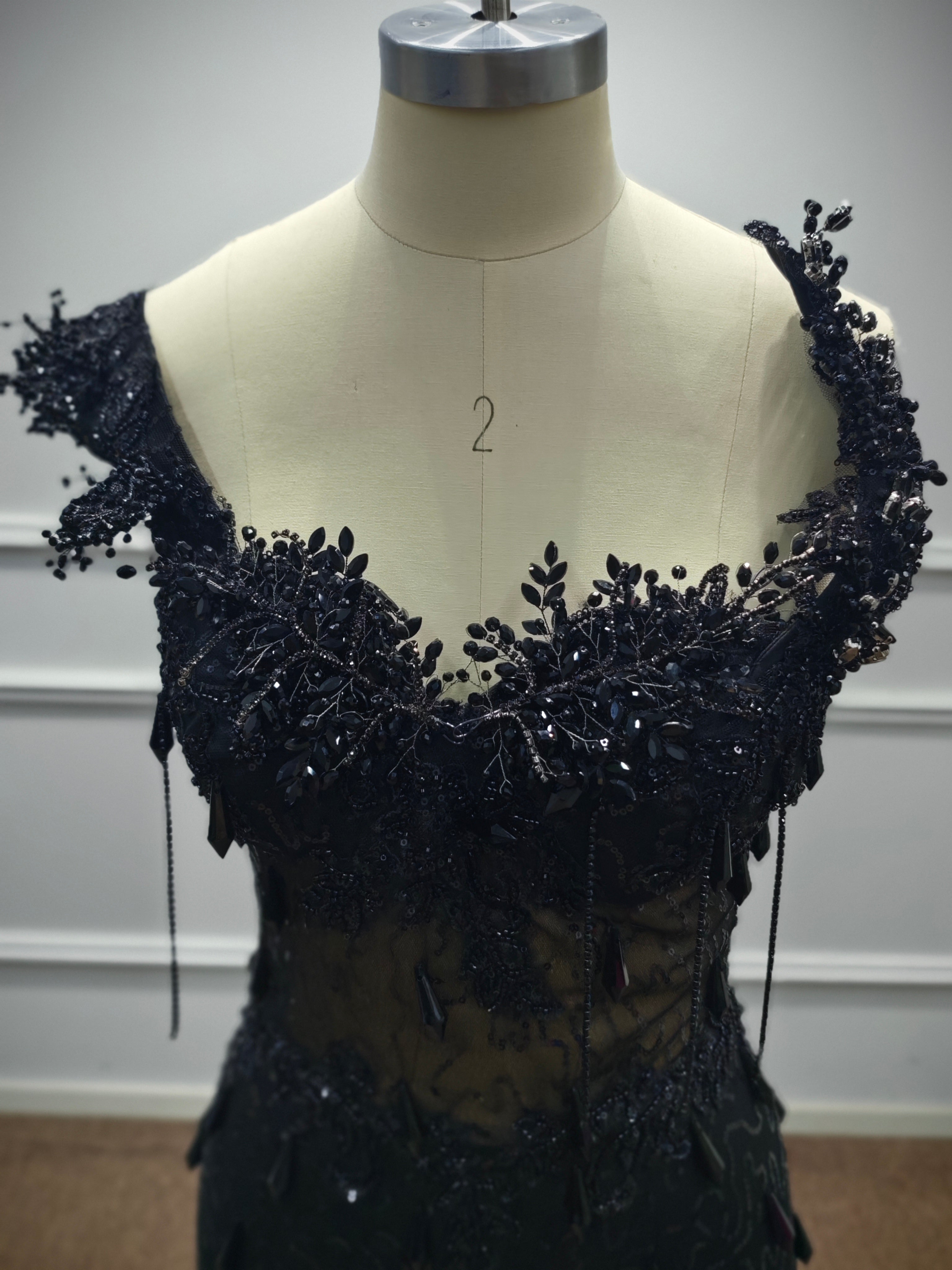 Luxury Black Sequin Mermaid Prom Dress - Illusion Corset Bodice with 3D Beaded Lace & Off-the-Shoulder Detail | 2026 Gothic Glamour Evening Collection - View 5 | VelvetHem