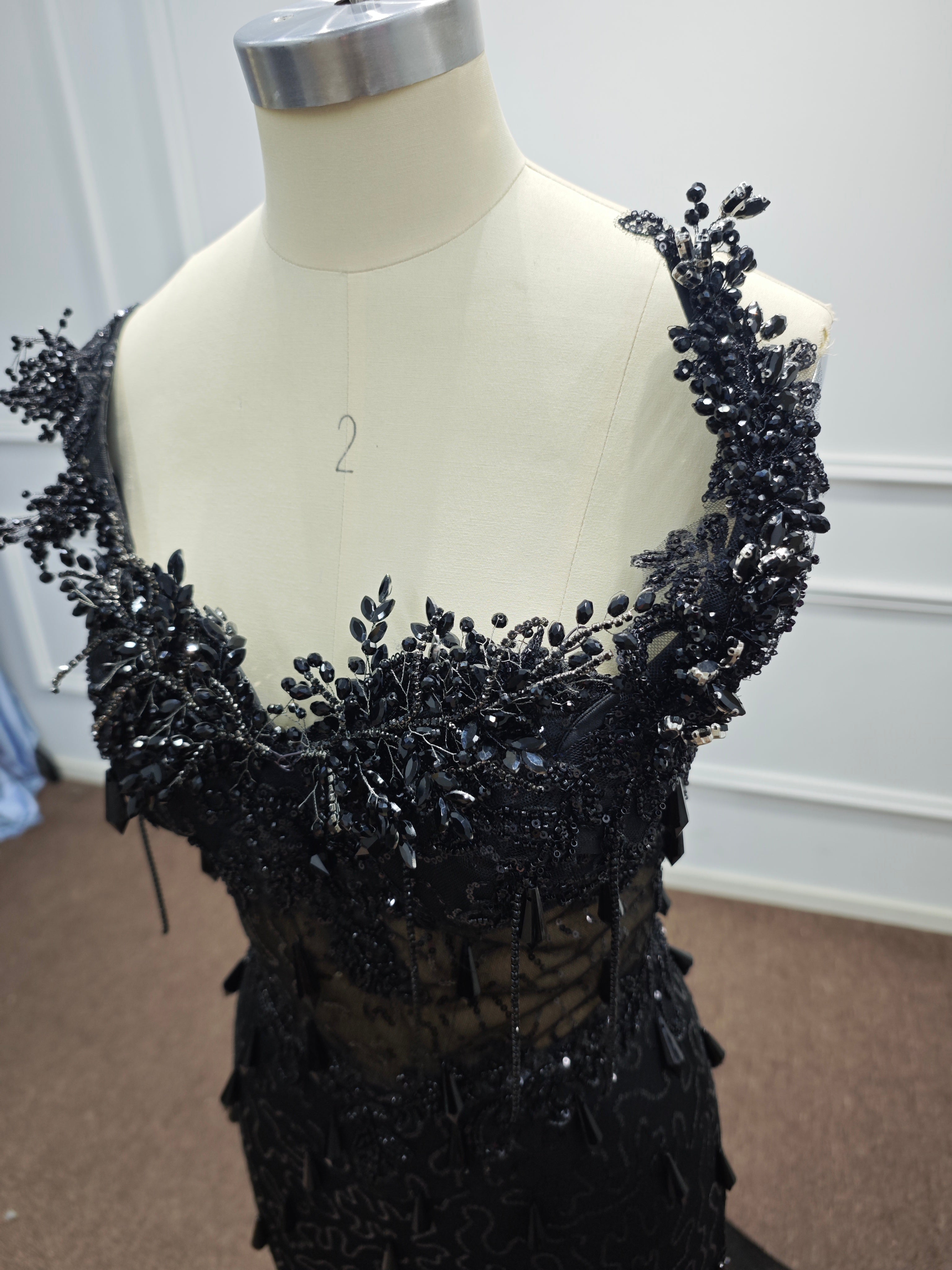 Luxury Black Sequin Mermaid Prom Dress – Illusion Corset Bodice with 3D Beaded Lace & Off-the-Shoulder Detail | 2026 Gothic Glamour Evening Collection (ZD17397)