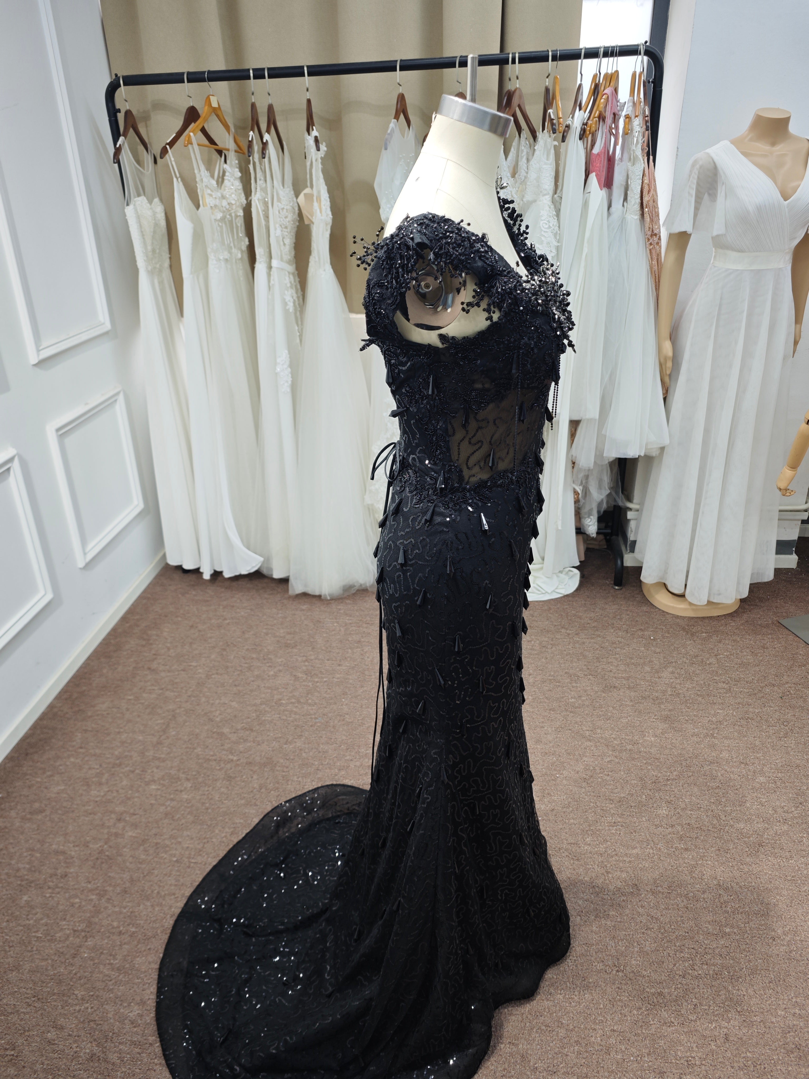 Luxury Black Sequin Mermaid Prom Dress – Illusion Corset Bodice with 3D Beaded Lace & Off-the-Shoulder Detail | 2026 Gothic Glamour Evening Collection (ZD17397)