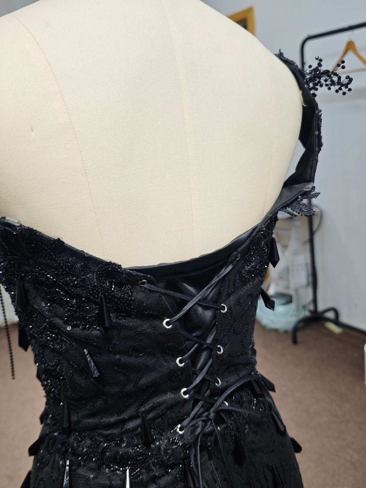 Luxury Black Sequin Mermaid Prom Dress - Illusion Corset Bodice with 3D Beaded Lace & Off-the-Shoulder Detail | 2026 Gothic Glamour Evening Collection - View 11 | VelvetHem