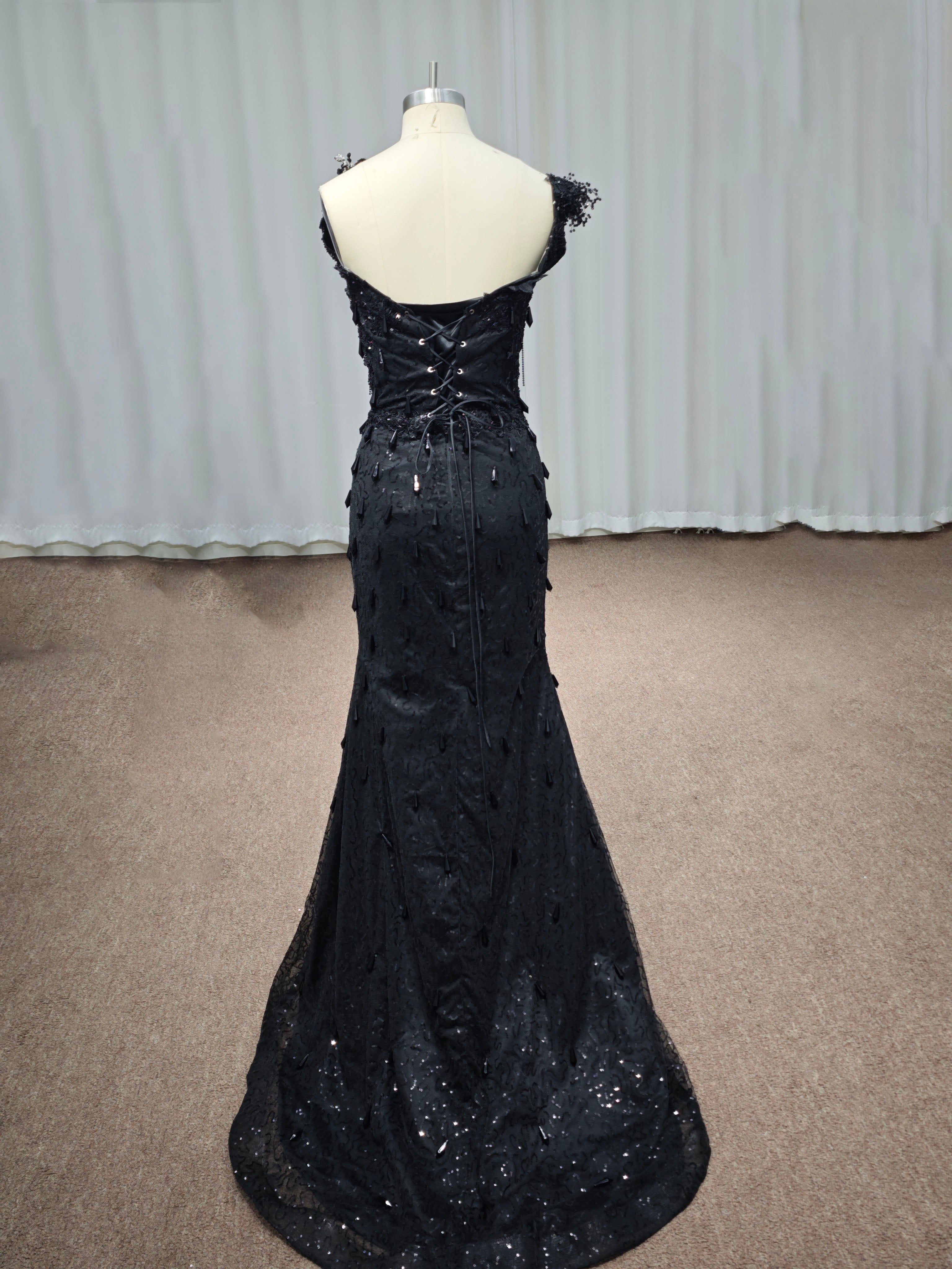 Luxury Black Sequin Mermaid Prom Dress – Illusion Corset Bodice with 3D Beaded Lace & Off-the-Shoulder Detail | 2026 Gothic Glamour Evening Collection (ZD17397)