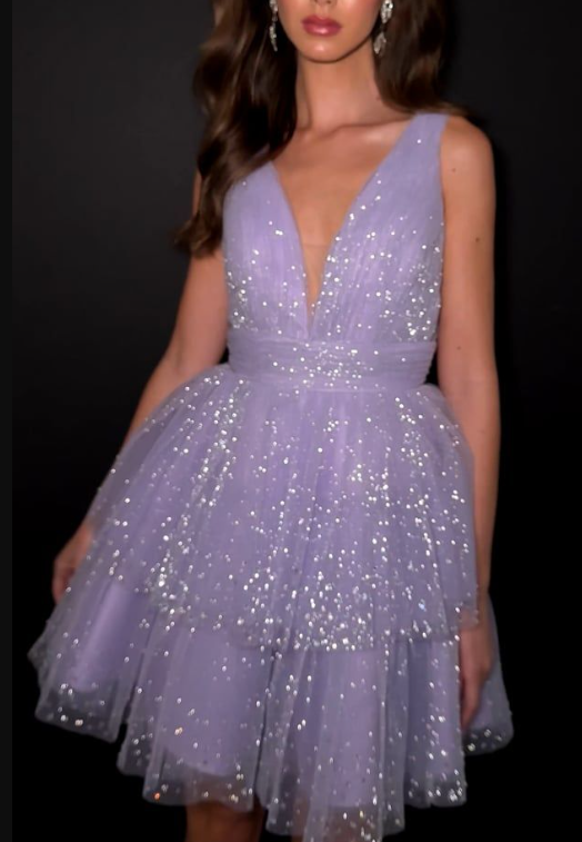 Shiny V-Neck Purple Sleeveless Tulle Sequin A-Line Short Party Dress Formal Homecoming Dress Birthday Outfits - FashionDia