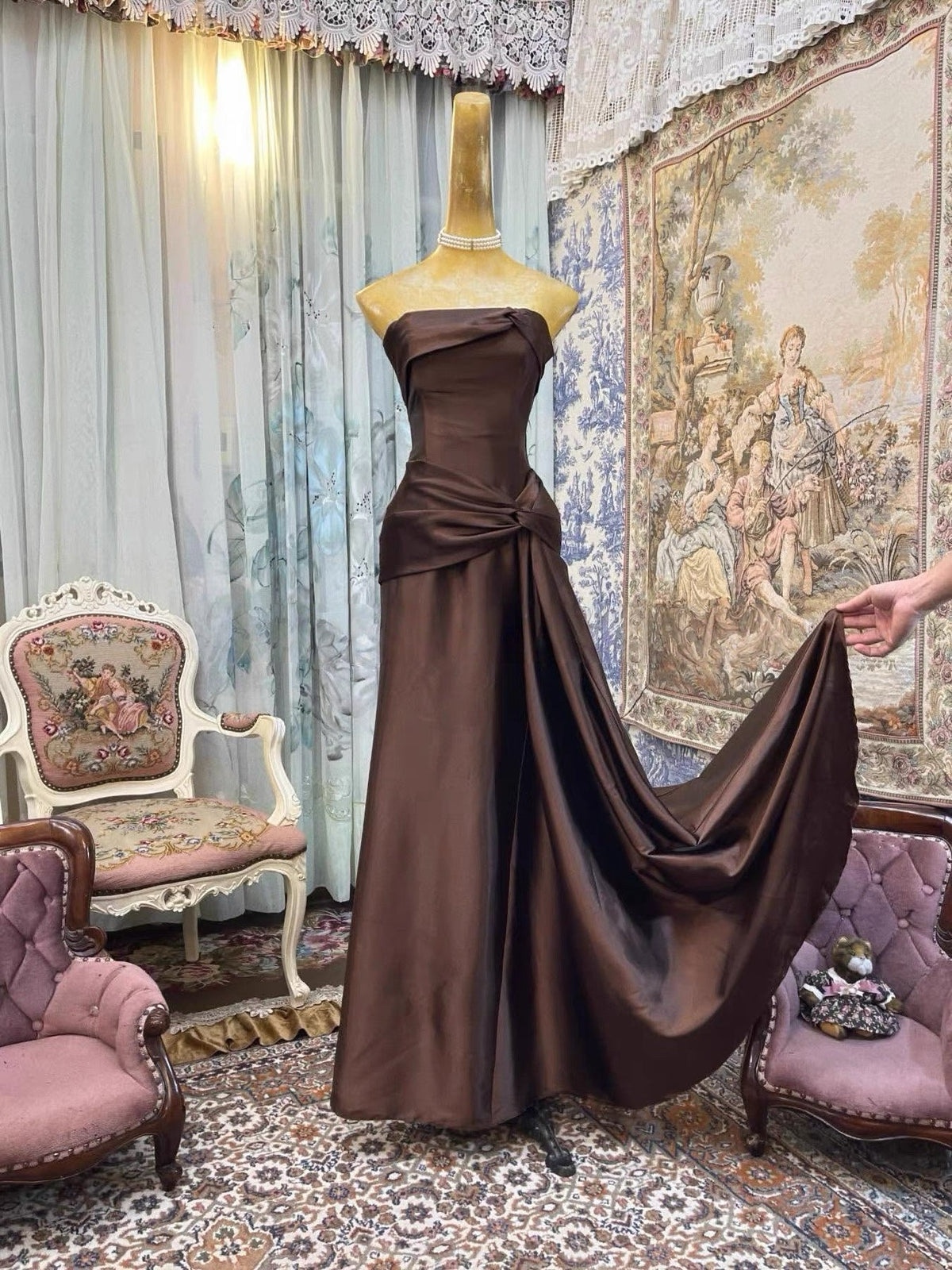 Strapless A Line Brown Long Prom Dress Satin Evening Dress J8423