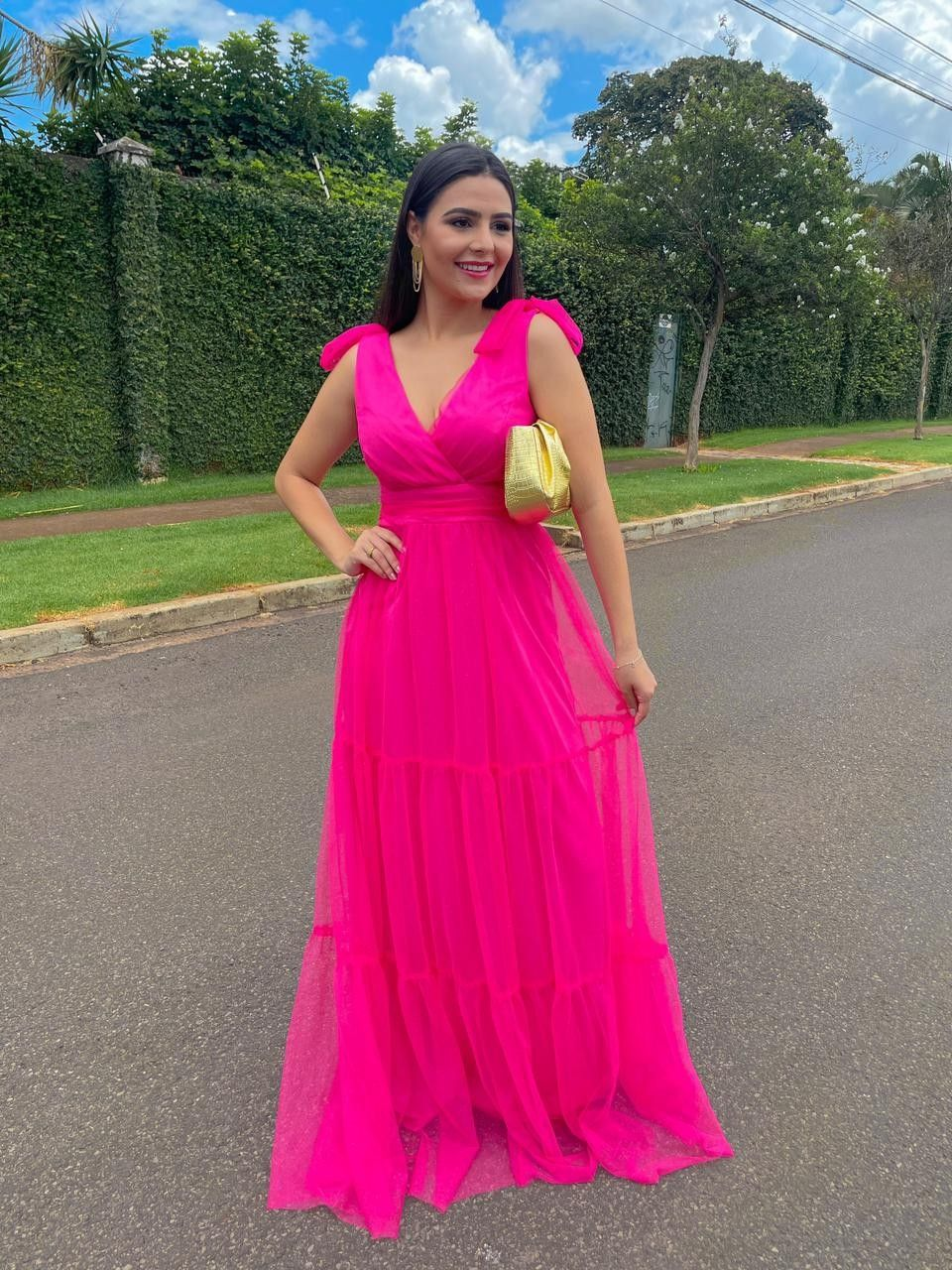 Hot Pink A-line V Neck Prom Dress,Hot Pink Spring Dress
