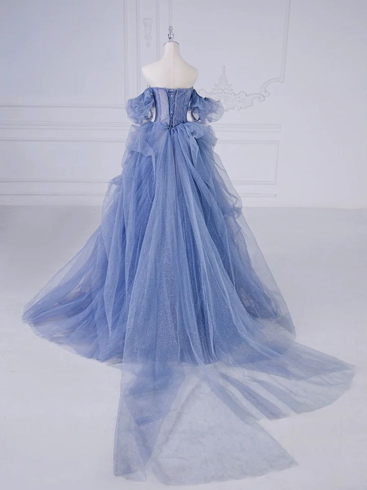 Elegant Blue Tulle Beaded Evening Dress Long Prom Dress - View 2 | FashionDia