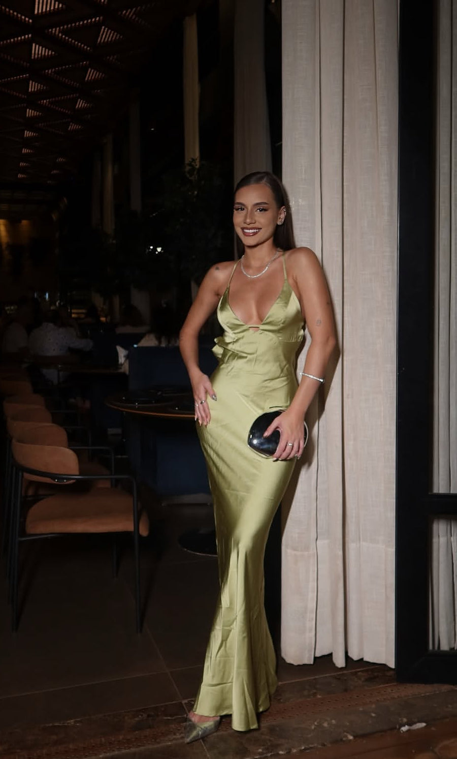 Backless Green Satin Long Prom Dress Graduation Maxi Dress J7954