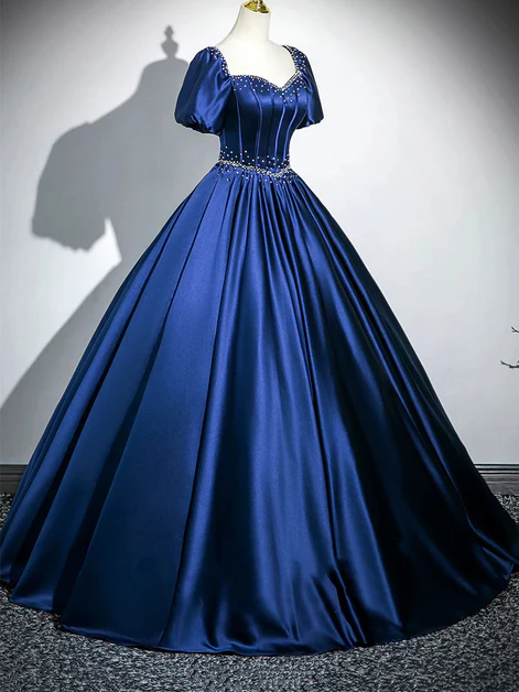 Charming Navy Blue Satin Sweetheart Pearls Beaded Party Prom Dress, A-Line Ball Gown - View 2 | FashionDia