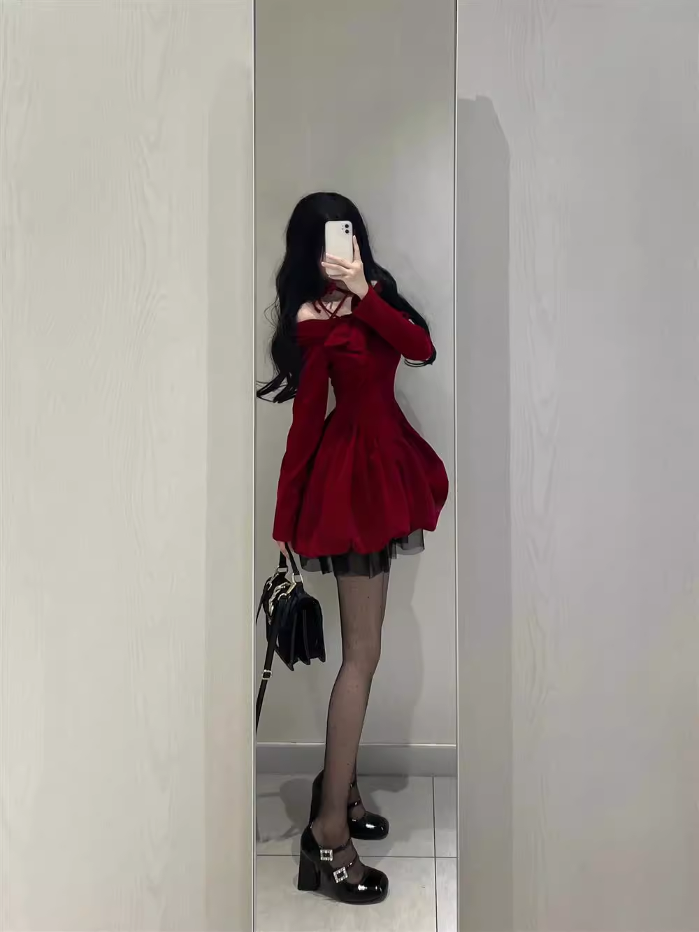 Cute Ball Gown Long Sleeves Velvet Red Short Cocktail Dresses Birthday Outfits - View 3 | FashionDia