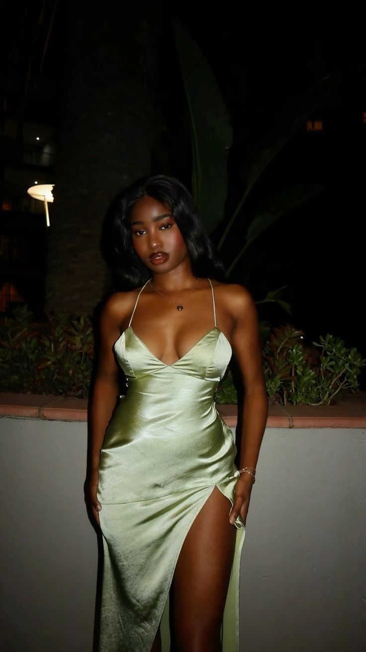 Simple Green Halter Satin Slit A Line Long Party Dress Evening Gown
