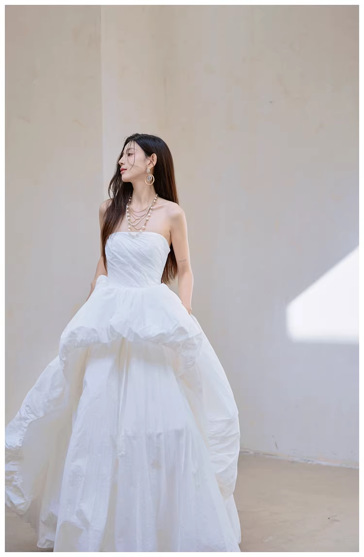 Charming Strapless White Satin Pleated Puff Birthday Party Dress Formal Prom Dresses - FashionDia
