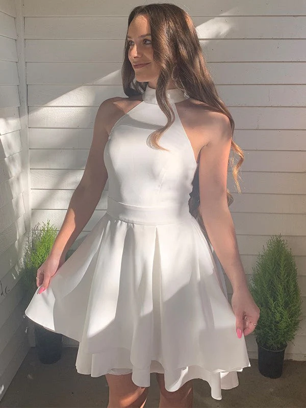 A-Line/Princess Satin Ruffles Halter Sleeveless Short/Mini Homecoming Dresses - FashionDia