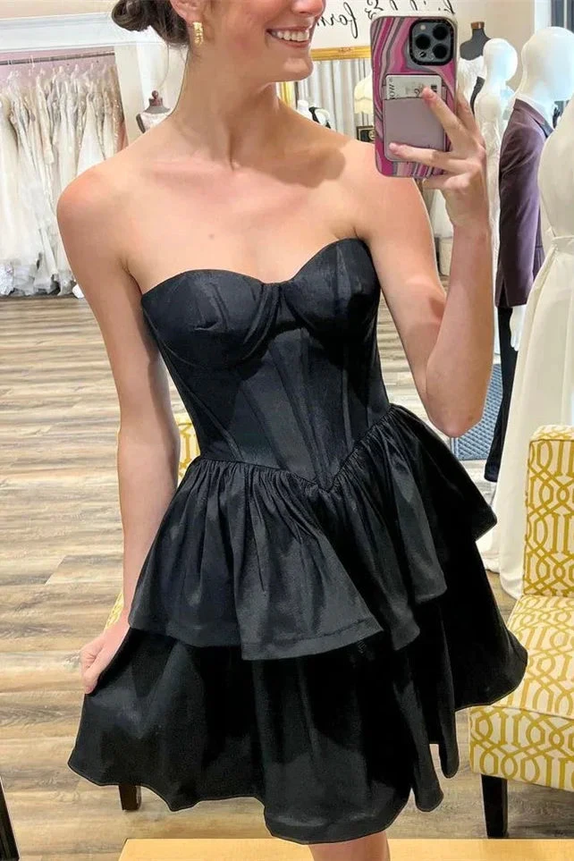 Black Strapless Satin Multi-Layers Homecoming Dress (ZD12248)