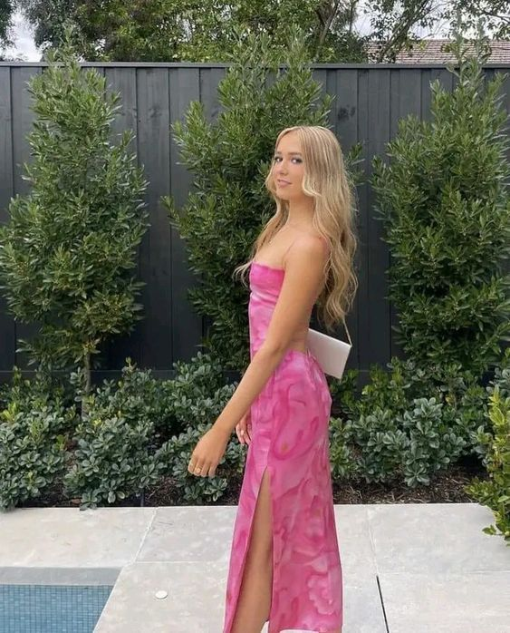 Beautiful Print Floral Pink Long Prom Dress Backless Party Evening Dress - FashionDia
