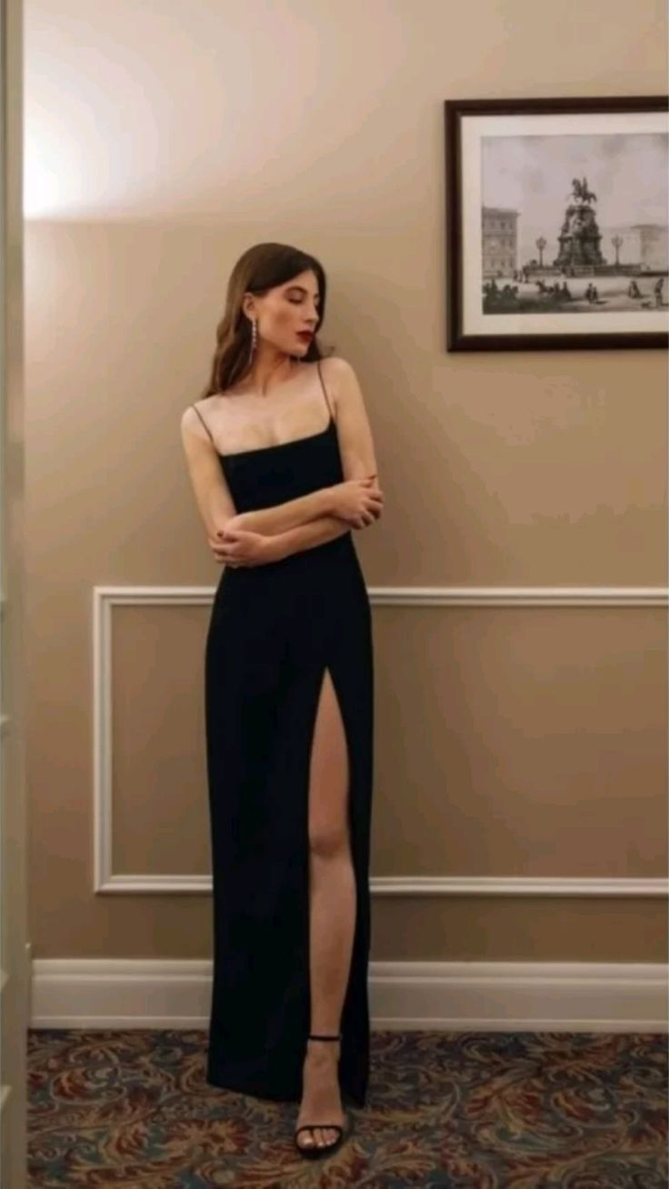 Black Spaghetti Straps Sheath Slit Long Prom Dress Sexy Evening Dress - FashionDia
