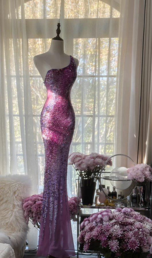 Glamorous Ombre Purple One-Shoulder Chiffon Sequin Beaded Mermaid Long Evening Dress Birthday Party Dress - FashionDia