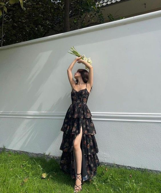 Beautiful Black Chiffon Print Floral Party Dress A Line Slit Layered Evening Dress