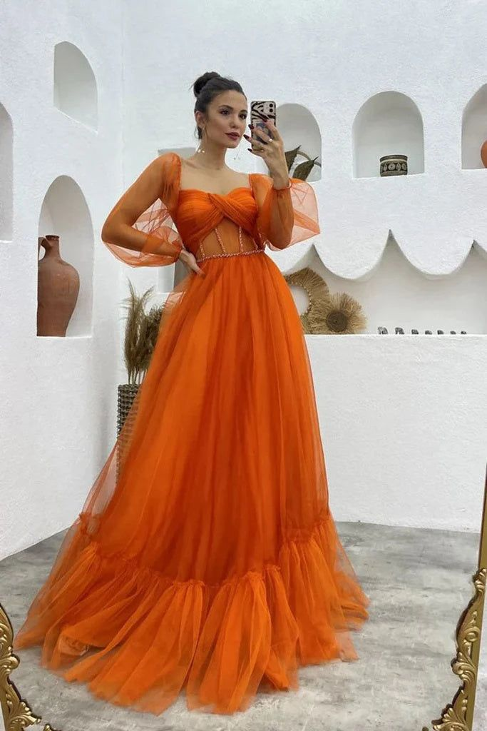A-Line Tulle Orange Long Sleeves Long Prom Dress Long Evening Dress - FashionDia