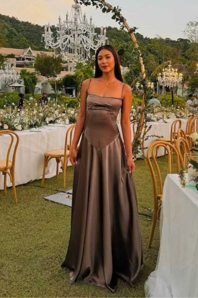 Vintage Brown Spaghetti Straps Prom Dress Long A-Line Satin Party Evening Dress - View 2 | FashionDia