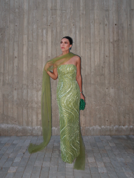 Gorgeous Strapless Apple Green Sequin Long Prom Dress Party Gown With Ribbon - View 5 | FashionDia