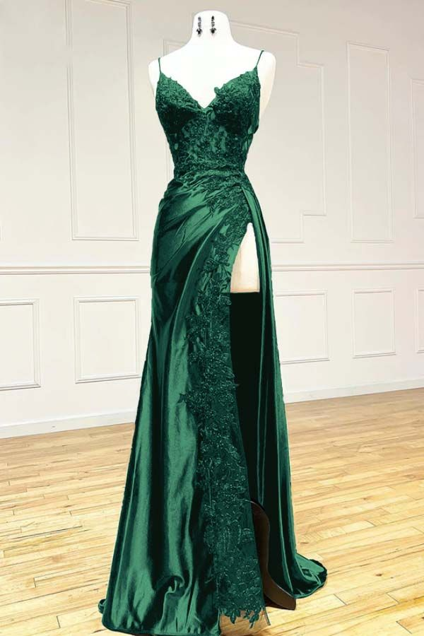 Elegant Burgundy Satin Appliques Evening Dress Slit Prom Party Dress