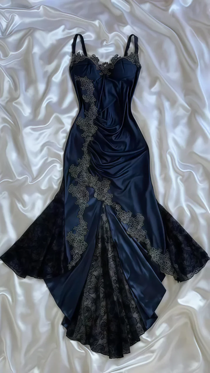 Vintage Navy Blue Satin Lace Appliques Mermaid Evening Dress,Long Party Prom Dress - View 3 | FashionDia