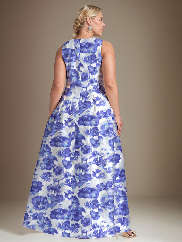 A-line V-Neck Azure Floral Mother of the Bride Dress