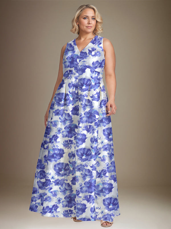 A-line V-Neck Azure Floral Mother of the Bride Dress