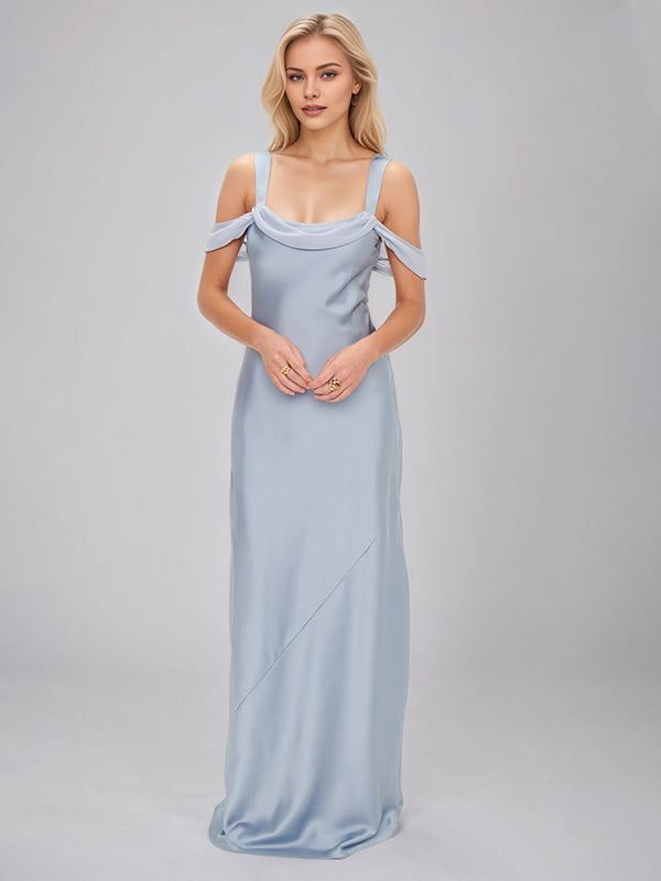 Steel Blue Satin Sheath/Column Spaghetti Straps Sleeveless Floor Length Bridesmaid Dresses