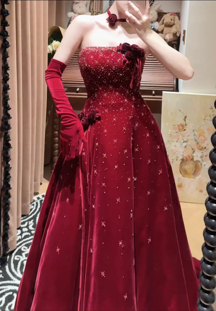 Vintage Strapless Red Velvet Sequin Beaded Long Evening Gown Party Dress - View 4 | FashionDia