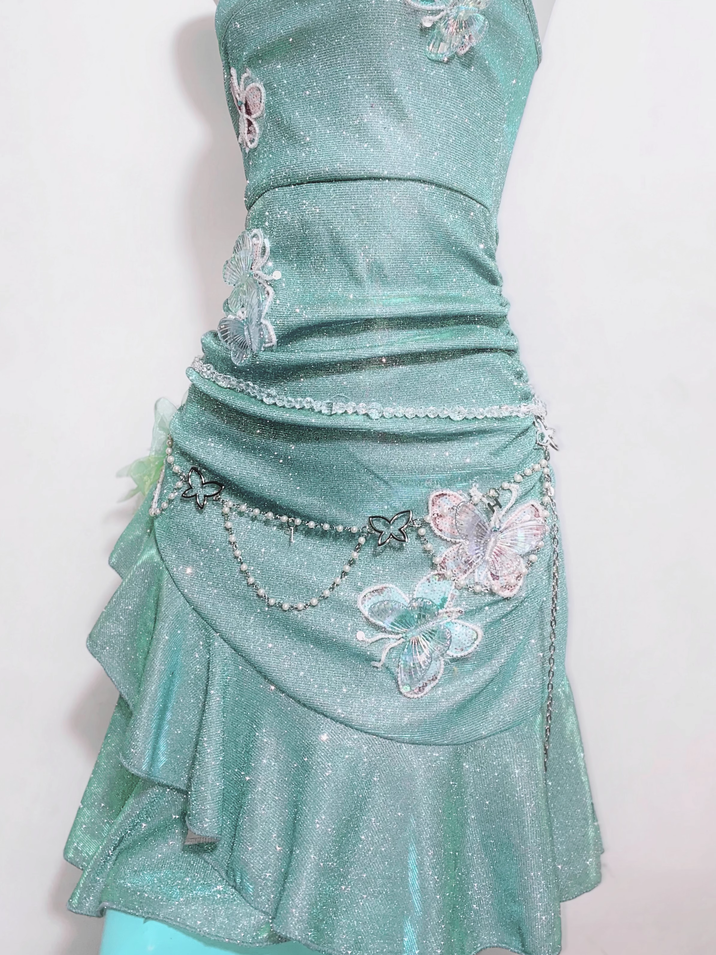 Glitter Mint Green Spaghetti Straps Sequin Ruffles Birthday Outfits Graduation Homecoming Dress S611
