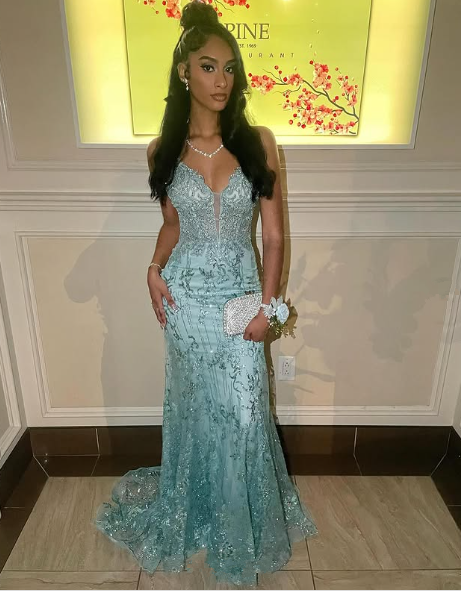Charming Spaghetti Straps Tulle Lace Mermiad Prom Dress Blue V-Neck Prom Evening Gown - View 2 | FashionDia