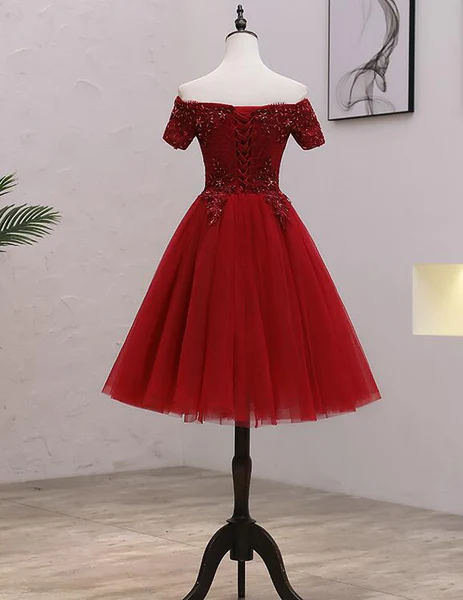 Tulle Dark Red Off-the-Shoulder Knee Length Homecoming Dress, Red Party Dress - View 3 | FashionDia