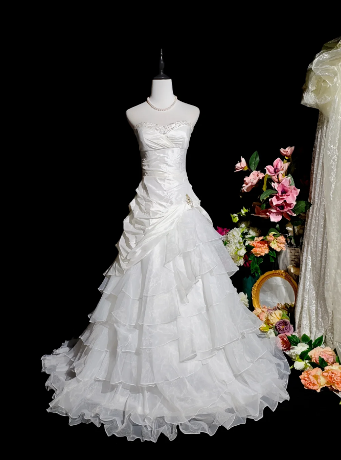 Pretty Strapless White Satin Tulle Beaded Ruffle Layered Mermaid Evening Dress Long Birthday Prom Dress - FashionDia