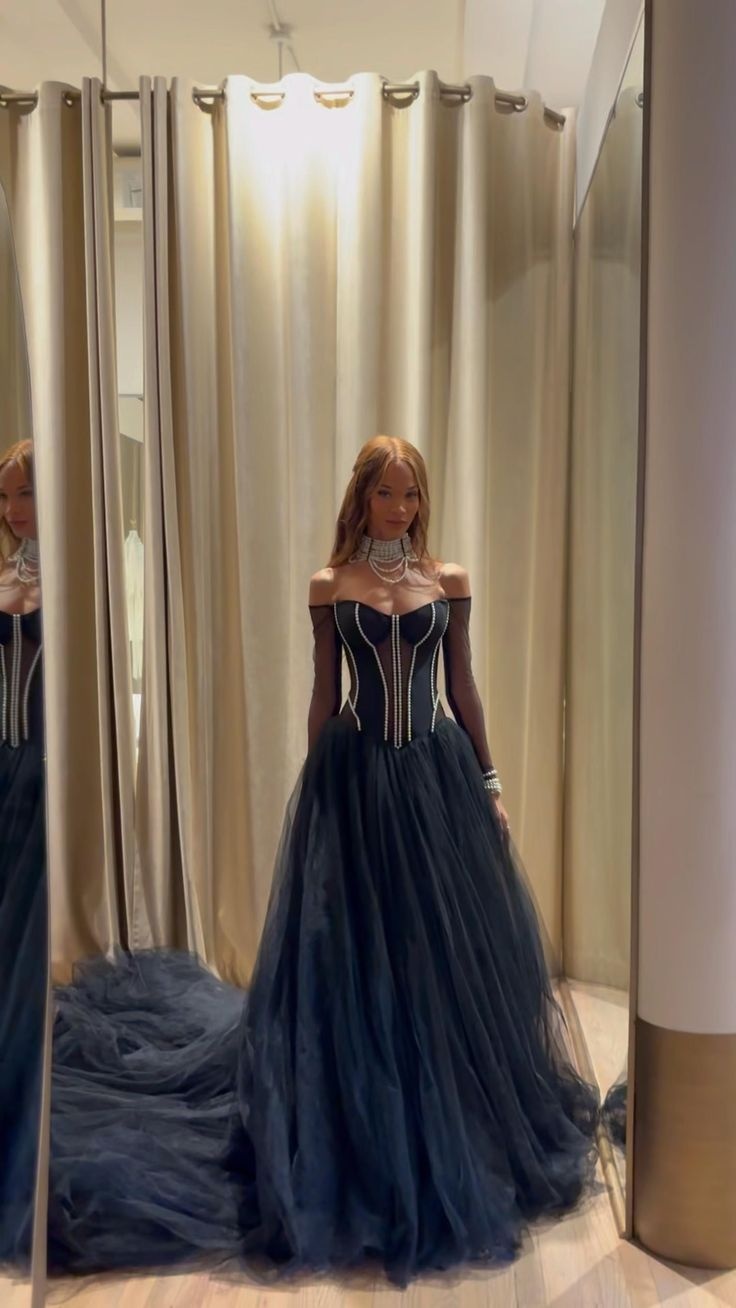 Elegant Navy Blue Tulle Beaded Long Prom Dress Off Shoulder Party Evening Dress Y8380 - VelvetHem